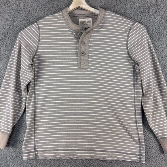 Eddie Bauer Shirt Mens XL Gray Stripe Henley Thermal Outdoor Hiking Camping Hunt - Picture 2 of 12